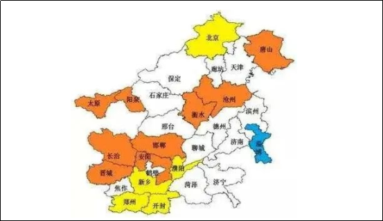 河北北部,山西北部,山東東、南部,河南南部部分城市。 河北北部,山西北部,山東東、南部,河南南部部分城市。