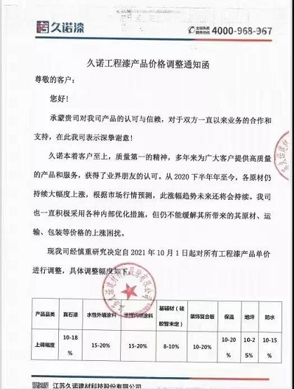 江蘇久諾建材對所有工程漆產品單價進行調整 江蘇久諾建材對所有工程漆產品單價進行調整