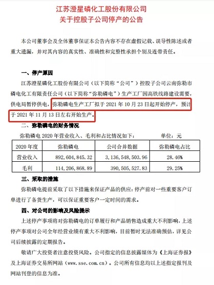 江蘇澄星磷化工發布關于控股子公司停產