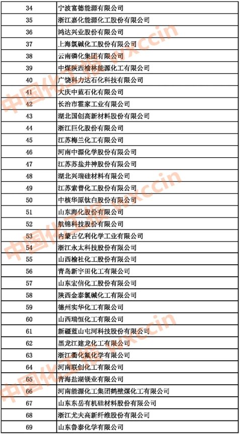 2021中國基礎化學原料制造業百強企業34-69強