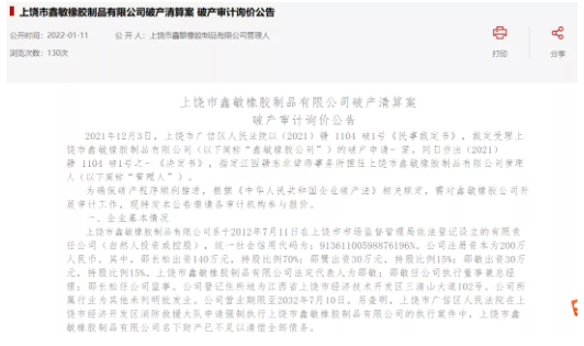 上饒市鑫敏橡膠制品有限公司破產清算案 上饒市鑫敏橡膠制品有限公司破產清算案