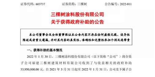 三棵樹全資子公司獲得政府補助3395萬元 三棵樹全資子公司獲得政府補助3395萬元