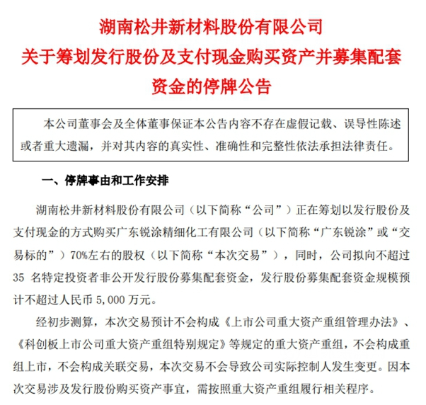 松井股份今日起停牌 計劃收購銳涂化工70%股權 松井股份今日起停牌 計劃收購銳涂化工70%股權