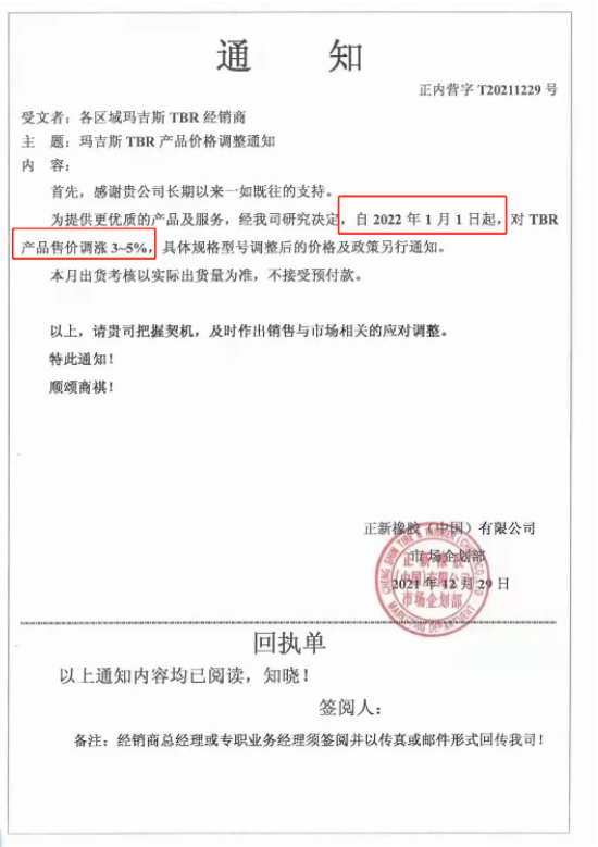 1月1日起，對(duì)TBR產(chǎn)品售價(jià)上調(diào)3%~5%;3月1日起，對(duì)部分TBR產(chǎn)品售價(jià)上調(diào)3%;3月16日起，對(duì)瑪吉斯TBR產(chǎn)品(17.5/19.5/20/22.5)價(jià)格上調(diào)3%。
