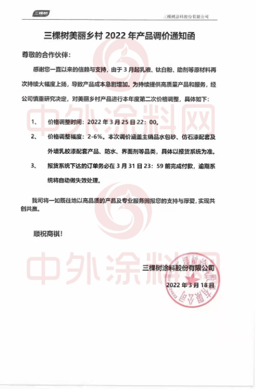 最高漲幅裝修漆12%！防水系列20%！美麗鄉(xiāng)村6%！三棵樹全線產品價格上調