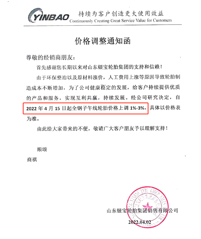 山東銀寶輪胎集團銷售有限公司發布調價通知