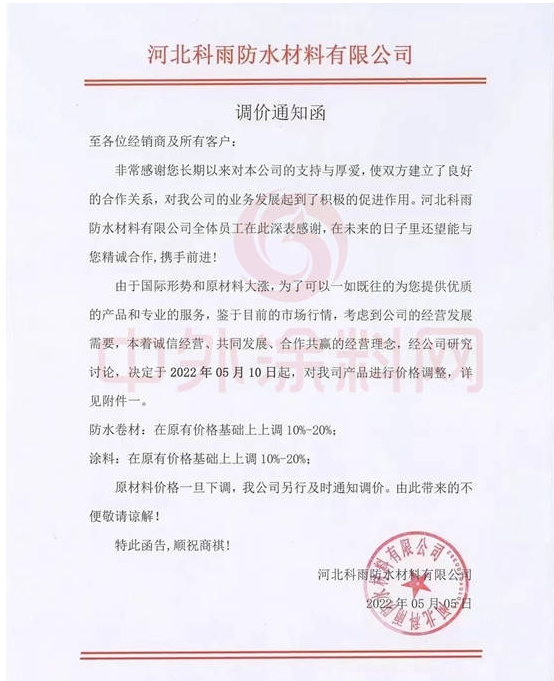 科雨防水發布調價函稱,自5月10日起,公司防水卷材、涂料產品在原價基礎上上調10%-20%。 科雨防水發布調價函稱,自5月10日起,公司防水卷材、涂料產品在原價基礎上上調10%-20%。
