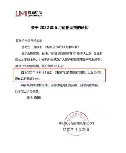 浪馬輪胎宣布漲價 由于近期輪胎制造原材料價格持續(xù)上漲使得輪胎制造成本上升，浪馬輪胎宣布自5月22日起，對各產(chǎn)品價格進行調(diào)整，上漲2%-3%。
