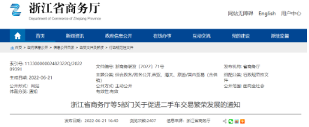 浙江省發布《浙江省商務廳等5部門關于促進二手車交易繁榮發展的通知》,加快推進取消二手車國五限遷政策落地實施 浙江省發布《浙江省商務廳等5部門關于促進二手車交易繁榮發展的通知》,加快推進取消二手車國五限遷政策落地實施