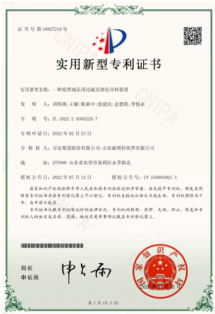 山東耐斯特炭黑公司自主完成的"一種具有除塵功能的炭黑壓縮機""一種炭黑成品用過磁及倒包分料裝置"2項成果順利通過審查，榮獲國家實用新型專利授權。