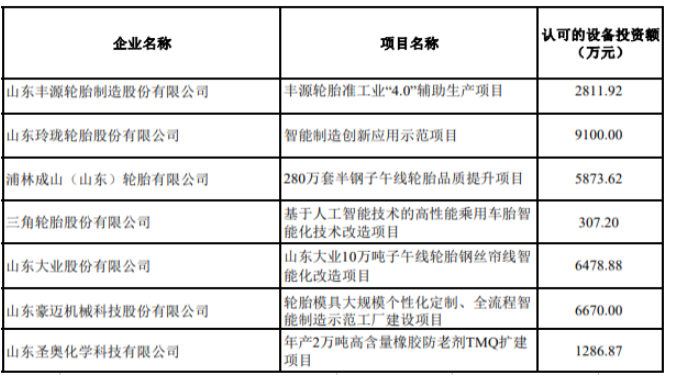 2022年技術改造設備獎補資金輪胎業項目名單