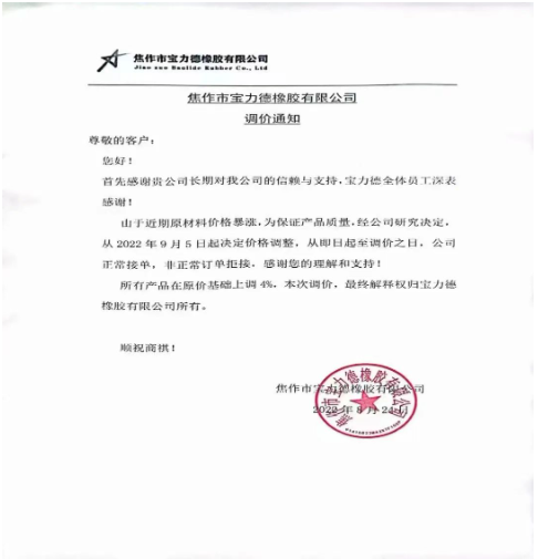 焦作市寶力德橡膠宣布自9月5日起,所有產(chǎn)品在原價基礎上上調4%。 焦作市寶力德橡膠宣布自9月5日起,所有產(chǎn)品在原價基礎上上調4%。