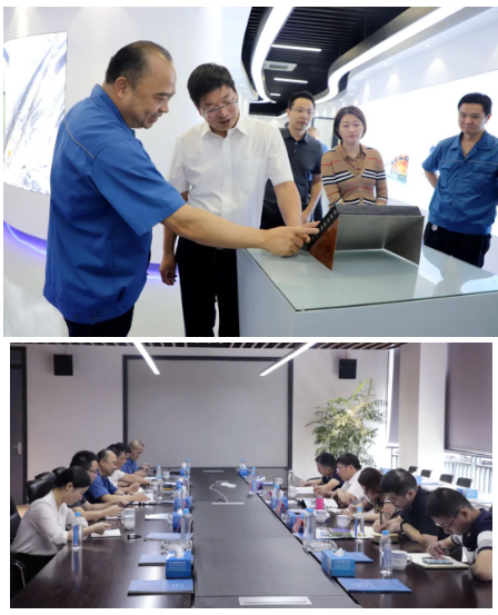 沈董對各位領(lǐng)導(dǎo)蒞臨企業(yè)考察表示歡迎。在參觀了生產(chǎn)車間和綜合展廳后，沈董向穆運安一行介紹了公司發(fā)展歷程、主導(dǎo)產(chǎn)業(yè)、國內(nèi)外市場等情況，特別是近年來雙箭在推動創(chuàng)新改革，自動化、智能制造等方面所取得的各項成果。并就公司堅持創(chuàng)新驅(qū)動發(fā)展，不斷加大科技研發(fā)投入，加快推進(jìn)產(chǎn)品迭代升級，提高核心產(chǎn)品市場占有率、競爭力等方面的工作作了匯報交流。
