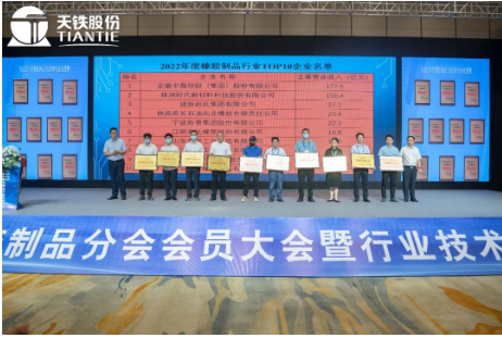 中國橡膠工業協會副會長兼秘書長雷昌純、分會第九屆理事長王永剛為2022年度中橡協橡膠制品行業TOP10企業頒發牌匾。