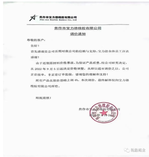 2022年8月24日,焦作市寶力德橡膠有限公司發布漲價通知,從2022年9月5日起決定價格調整,所有產品在原價基礎上上調4%。 2022年8月24日,焦作市寶力德橡膠有限公司發布漲價通知,從2022年9月5日起決定價格調整,所有產品在原價基礎上上調4%。