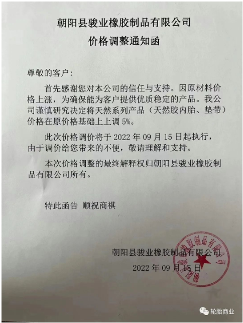 朝陽縣駿業橡膠制品有限公司發布價格調整通知,因原材料價格上漲,公司決定將天然系列產品,天然膠內胎、墊帶價格在原價格基礎上上調5%。 朝陽縣駿業橡膠制品有限公司發布價格調整通知,因原材料價格上漲,公司決定將天然系列產品,天然膠內胎、墊帶價格在原價格基礎上上調5%。
