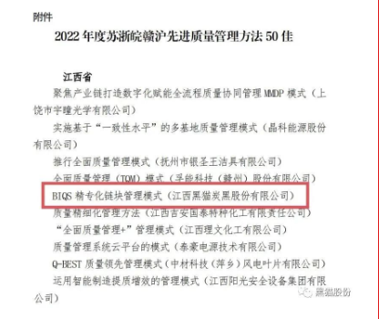 本次評(píng)選活動(dòng)由蘇浙皖贛滬四省一市市場(chǎng)監(jiān)督管理局聯(lián)合舉行,旨在積極發(fā)揮質(zhì)量標(biāo)桿組織的示范帶頭作用,通過(guò)宣傳推廣各類可復(fù)制的先進(jìn)質(zhì)量管理方法,激勵(lì)更多企業(yè)加強(qiáng)質(zhì)量管理,追求卓越績(jī)效,促進(jìn)區(qū)域內(nèi)質(zhì)量發(fā)展水平的整體提升。黑貓股份選送的質(zhì)量成果案例經(jīng)過(guò)景德鎮(zhèn)和省市場(chǎng)監(jiān)督管理局初選、推優(yōu)、評(píng)選,從上千個(gè)案例中脫穎而出,最終入選50佳先進(jìn)質(zhì)量管理方法。 本次評(píng)選活動(dòng)由蘇浙皖贛滬四省一市市場(chǎng)監(jiān)督管理局聯(lián)合舉行,旨在積極發(fā)揮質(zhì)量標(biāo)桿組織的示范帶頭作用,通過(guò)宣傳推廣各類可復(fù)制的先進(jìn)質(zhì)量管理方法,激勵(lì)更多企業(yè)加強(qiáng)質(zhì)量管理,追求卓越績(jī)效,促進(jìn)區(qū)域內(nèi)質(zhì)量發(fā)展水平的整體提升。黑貓股份選送的質(zhì)量成果案例經(jīng)過(guò)景德鎮(zhèn)和省市場(chǎng)監(jiān)督管理局初選、推優(yōu)、評(píng)選,從上千個(gè)案例中脫穎而出,最終入選50佳先進(jìn)質(zhì)量管理方法。