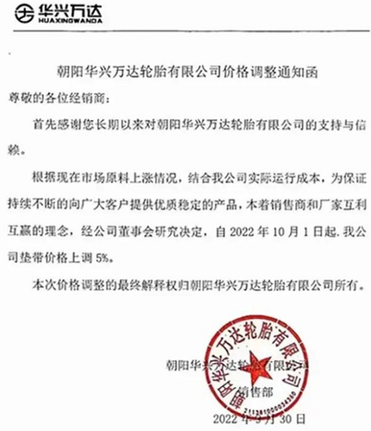 朝陽華興萬達(dá)輪胎也發(fā)布漲價(jià)通知,聲稱為了應(yīng)對(duì)原材料上漲,決定自10月1日起對(duì)墊帶價(jià)格上調(diào)5%。 朝陽華興萬達(dá)輪胎也發(fā)布漲價(jià)通知,聲稱為了應(yīng)對(duì)原材料上漲,決定自10月1日起對(duì)墊帶價(jià)格上調(diào)5%。