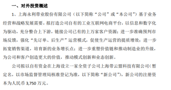 永利股份擬以自有資金在上海投資3750萬(wàn)設(shè)立一家全資子公司上海帶云盟科技有限公司 永利股份擬以自有資金在上海投資3750萬(wàn)設(shè)立一家全資子公司上海帶云盟科技有限公司