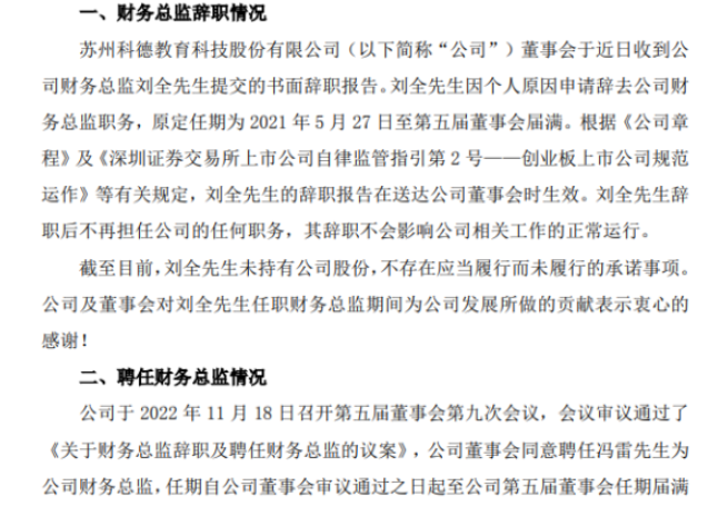 科德教育財(cái)務(wù)總監(jiān)劉全辭職 馮雷接任 2022年前三季度公司凈利5303.96萬 科德教育財(cái)務(wù)總監(jiān)劉全辭職 馮雷接任 2022年前三季度公司凈利5303.96萬