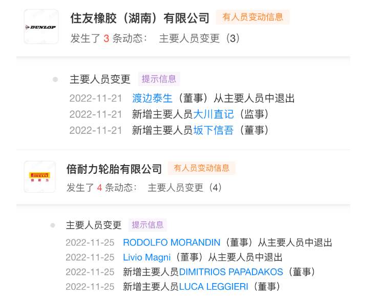 僅11月份，普利司通、住友橡膠、倍耐力、錦湖輪胎等企業在中國的公司董事、監事等均發生人員變更調整。