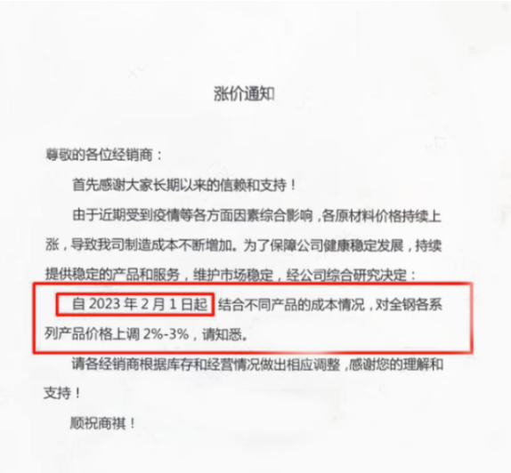 漲價硝煙已“燃”至2023年2月春節后 漲價硝煙已“燃”至2023年2月春節后