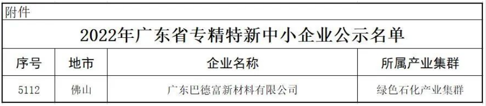 巴德富榮獲廣東省“專精特新”企業認定 巴德富榮獲廣東省“專精特新”企業認定