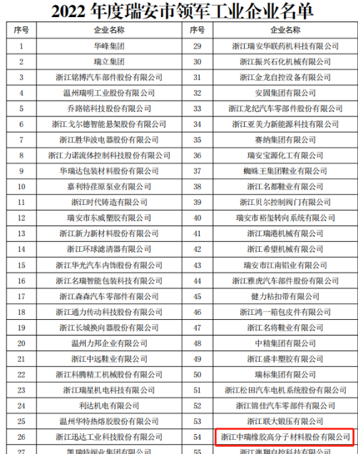 中瑞橡膠榮獲“2022年瑞安市領(lǐng)軍型工業(yè)企業(yè)”榮譽(yù)稱號