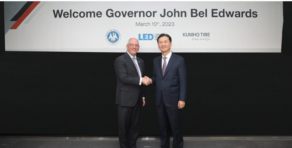 由路易斯安那州州長 John Bel Edwards 率領(lǐng)的貿(mào)易代表團訪問了錦湖輪胎位于韓國首爾的總部。代表團，會見了錦湖輪胎首席執(zhí)行官 Il-Taek Jung、全球銷售主管 Seung-Bin Lim 和供應鏈管理主管 Eun-Sun Lee。