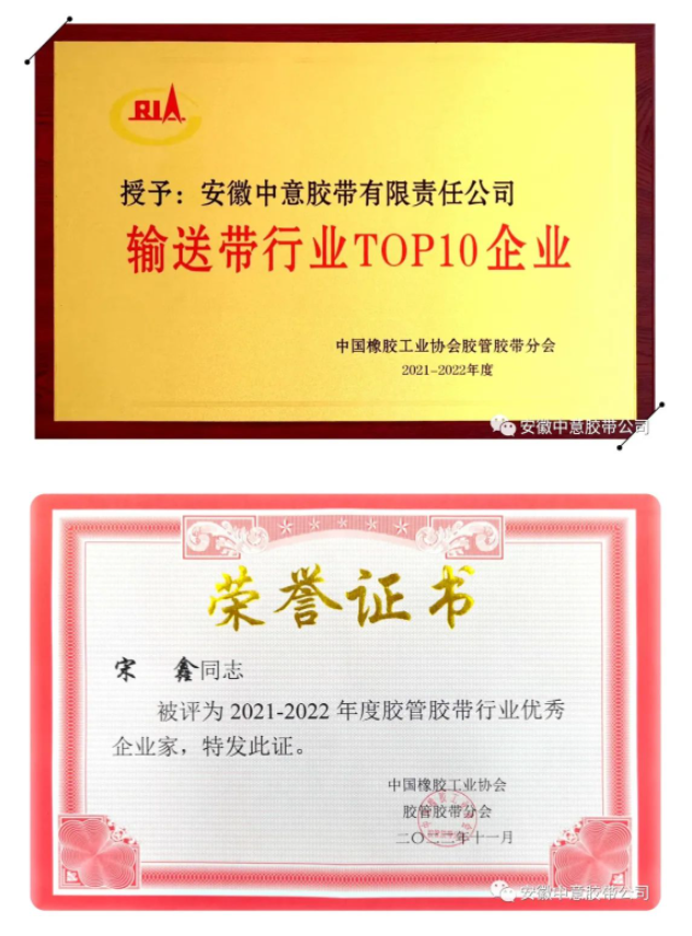 多項(xiàng)榮譽(yù)評(píng)選結(jié)果出爐，其中包括2021-2022年度“輸送帶行業(yè)TOP10企業(yè)”、“行業(yè)優(yōu)秀企業(yè)家”和“行業(yè)優(yōu)秀科技工作者”等。安徽中意膠帶公司憑借著產(chǎn)品優(yōu)勢(shì)、卓越的品牌影響力以及市場(chǎng)表現(xiàn)，連續(xù)15年榮獲“輸送帶行業(yè)十強(qiáng)企業(yè)”榮譽(yù)稱號(hào)。此外，安徽中意膠帶公司總經(jīng)理宋鑫榮獲“優(yōu)秀企業(yè)家”稱號(hào)，公司副總工程師袁陸海則榮獲“優(yōu)秀科技工作者”稱號(hào)。這些殊榮的獲得，證明了安徽中意膠帶公司在行業(yè)內(nèi)的領(lǐng)先地位和卓越表現(xiàn)。