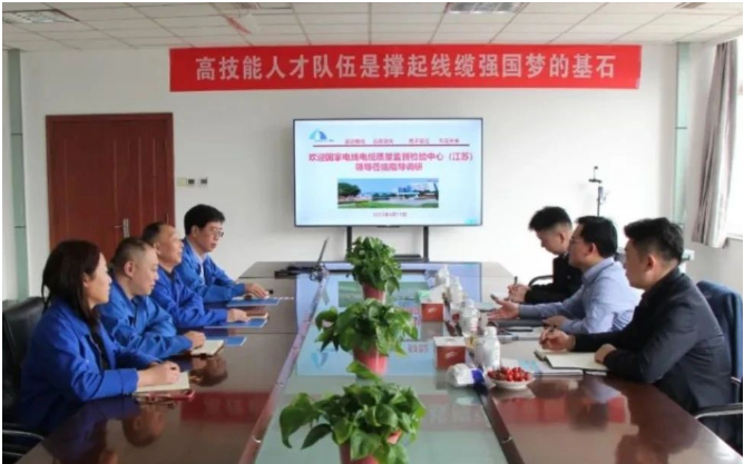 國家電線電纜質(zhì)量檢驗(yàn)檢測(cè)中心(江蘇)吳江主任一行蒞臨青島豪邁電纜集團(tuán)有限公司進(jìn)行考察調(diào)研。雙方就品質(zhì)管理、檢驗(yàn)試驗(yàn)?zāi)芰Φ确矫嬲归_交流。