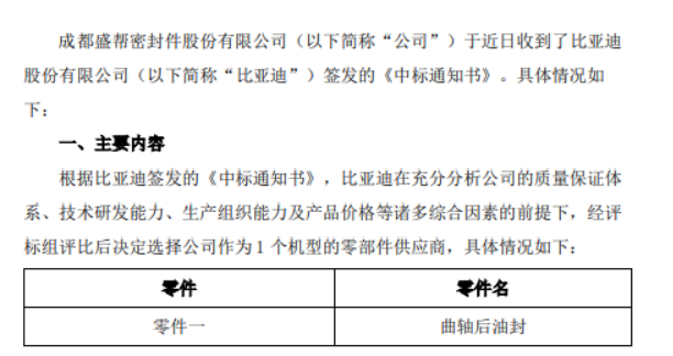 盛幫股份宣布，其子公司成都盛幫密封件股份有限公司近日收到了比亞迪股份有限公司的中標通知書，將為比亞迪一款機型提供曲軸后油封零部件。