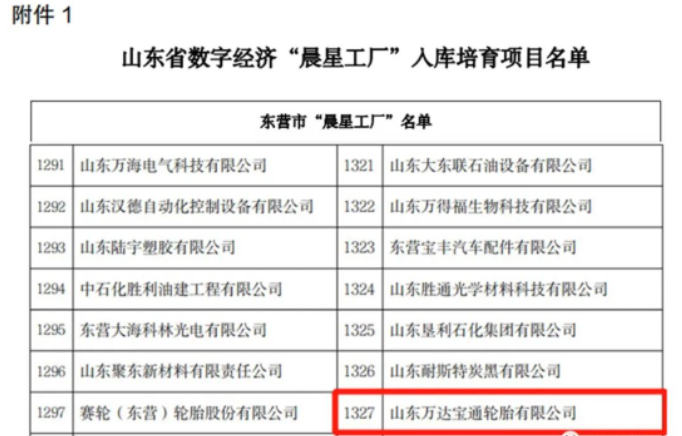 山東省工業和信息化廳近日發布了《關于開展數字經濟“晨星工廠”入庫培育工作的通知》。山東萬達寶通輪胎有限公司憑借其先進的生產制造技術和產業智能化系統的優勢，成功入選該計劃。這也是該公司為推動數字經濟發展，加快傳統制造業數字化、智能化轉型升級工作所獲得的又一榮譽。
