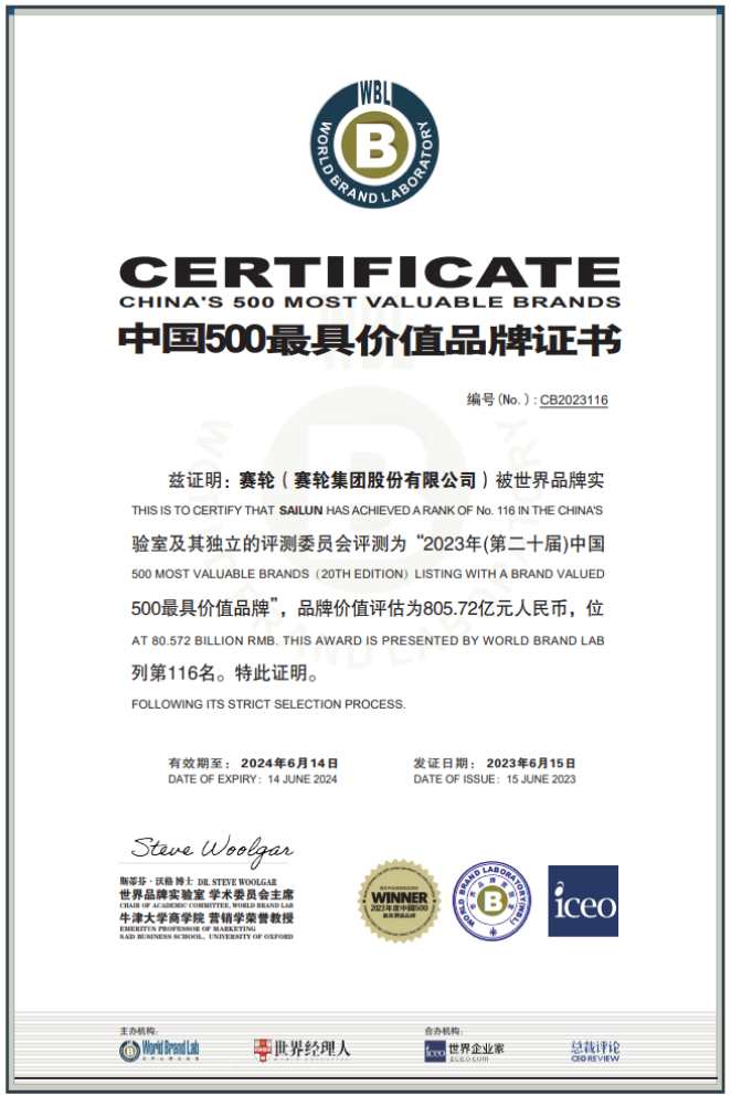 由世界品牌實驗室主辦的第二十屆世界品牌大會在北京盛大舉行，會上發布了最新的《中國500最具價值品牌》分析報告。賽輪集團以令人矚目的805.72億元品牌價值位列116名，與去年相比增長了驚人的120.04億元，再度刷新了歷史最高紀錄。