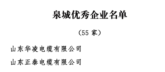 中共濟(jì)南市委、濟(jì)南市人民政府發(fā)布了《關(guān)于表彰濟(jì)南市優(yōu)秀企業(yè)和優(yōu)秀企業(yè)家的決定》，以激勵(lì)和表彰全市廣大企業(yè)和企業(yè)家在濟(jì)南經(jīng)濟(jì)社會(huì)發(fā)展中的卓越貢獻(xiàn)。經(jīng)過(guò)嚴(yán)格評(píng)選，55家企業(yè)被授予“泉城優(yōu)秀企業(yè)”稱號(hào)。其中山東華凌電纜有限公司、山東正泰電纜有限公司被授予“泉城優(yōu)秀企業(yè)”稱號(hào)。