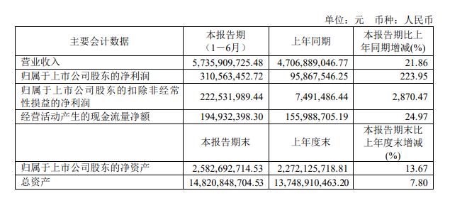 7月30日，三棵樹（603737）發布2023年半年度報告。財報顯示，公司今年上半年實現營業收入57.36億元，同比增長21.86%；歸母凈利潤為3.106億元，同比大幅增長224%。