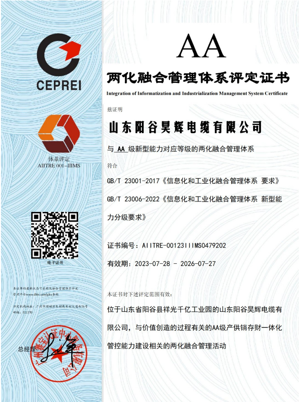 ,山東陽(yáng)谷昊輝電纜有限公司在兩化融合管理體系貫標(biāo)工作取得階段性成果,成功通過(guò)體系評(píng)定,并獲得由國(guó)家工信部授權(quán)的評(píng)定機(jī)構(gòu)——廣州賽寶認(rèn)證中心服務(wù)有限公司頒發(fā)的兩化融合管理體系A(chǔ)A級(jí)評(píng)定證書。