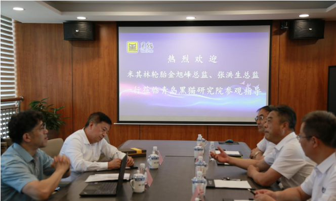金旭峰一行人首先參觀了青島黑貓研究院的中試生產(chǎn)車間、黑貓文化展廳、檢測中心、研發(fā)中心等，詳細(xì)了解了黑貓集團(tuán)的歷史發(fā)展、業(yè)務(wù)范圍、產(chǎn)學(xué)研融合等情況。