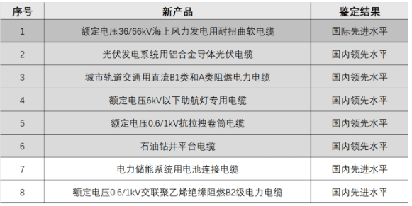新疆維吾爾自治區(qū)工信廳科技質(zhì)量處副處長陳捷在開工典禮上對新纜廠自主研發(fā)的8款創(chuàng)新產(chǎn)品技術(shù)進(jìn)行了權(quán)威鑒定。據(jù)了解，其中一款名為“額定電壓36/66千伏海上風(fēng)力發(fā)電用耐扭曲軟電纜”的產(chǎn)品達(dá)到了國際先進(jìn)水平。此外，還有名為“鋁合金芯光伏線”和“儲(chǔ)能系統(tǒng)用電池連接電纜”的7款產(chǎn)品達(dá)到了國內(nèi)先進(jìn)水平。