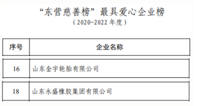 與此同時，金宇輪胎和永盛橡膠還榜上有名，入選了東營市最具愛心企業榜，這反映出這些企業在社會公益事業上的積極參與和貢獻。