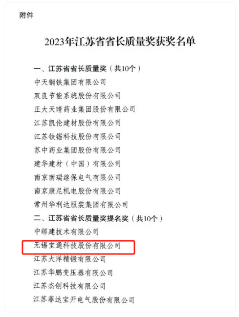 2023年度江蘇省省長質量獎正式揭曉，該獎項分為兩個類別，分別是“江蘇省省長質量獎”和“江蘇省省長質量獎提名獎”，每個類別評定數量不超過10個，包括組織和個人在內。其中，無錫寶通科技股份有限公司榮獲江蘇省省長質量獎提名獎。