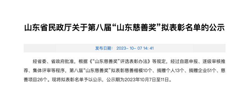 山東省民政廳發布了關于第八屆“山東慈善獎”擬表彰名單的公示，為表彰在慈善事業中做出杰出貢獻的機構和企業。本屆慈善獎的獲獎名單中，成山集團有限公司、華勤橡膠工業集團有限公司以及三角輪胎股份有限公司等企業脫穎而出，獲得了捐贈企業獎。