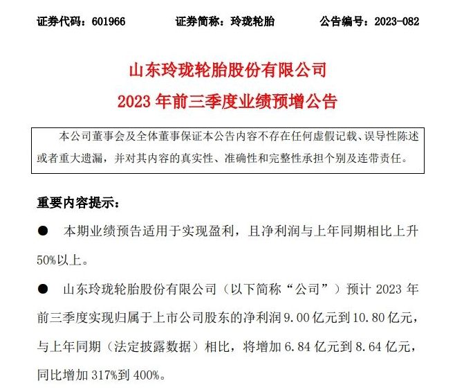 日前，山東玲瓏輪胎股份有限公司發布了2023年前三季度業績預增公告，預計實現歸屬于上市公司股東的凈利潤9.00億元到10.80億元，同比增加317%到400%。