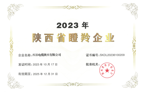 近日，陜西省科學技術廳公布了《2023年陜西省瞪羚企業(yè)》名單，西部電纜陜西有限公司喜獲殊榮，成功入選并獲得“2023年陜西省瞪羚企業(yè)”榮譽稱號。