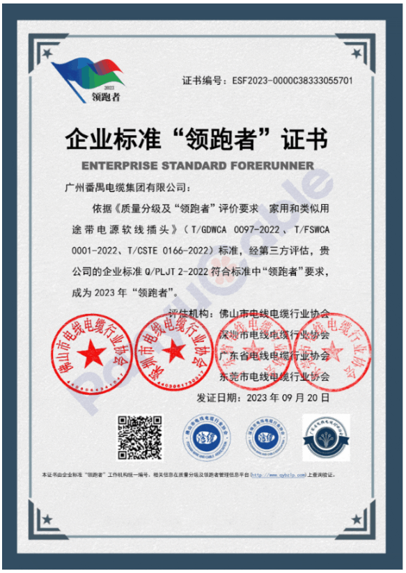 宣布了2023年首批民營企業(yè)國家級(jí)“領(lǐng)跑者”名單。其中，番纜集團(tuán)憑借其柔性防火電纜、橡套電線電纜、家用和類似用途交流帶插頭電源軟線產(chǎn)品的卓越品質(zhì)，榮獲2023年度民營企業(yè)標(biāo)準(zhǔn)“領(lǐng)跑者”證書，為該行業(yè)樹立了新的標(biāo)桿。
